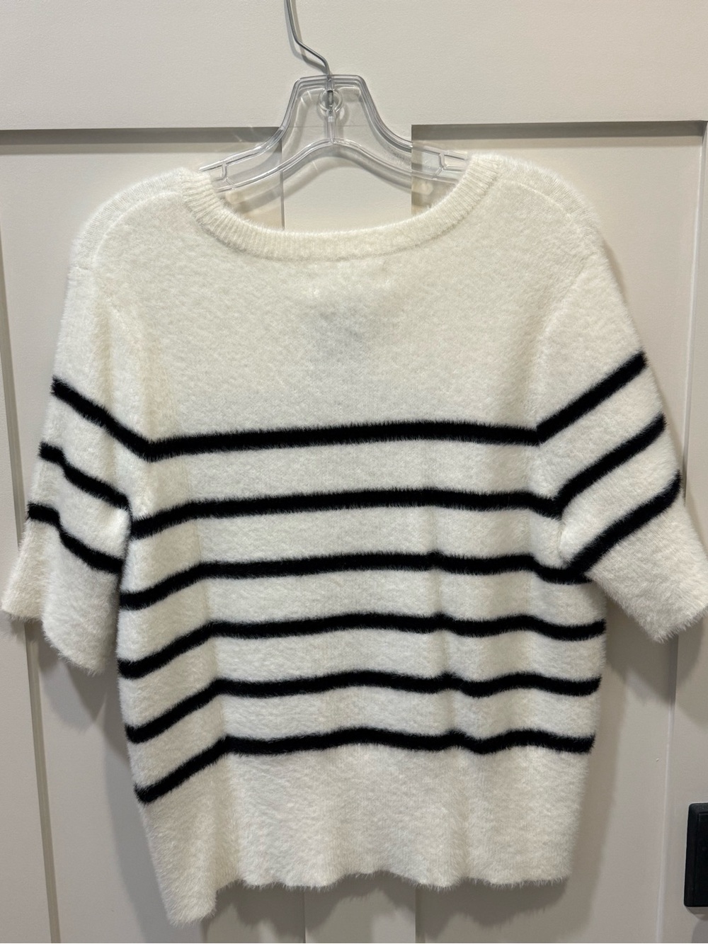Bailey 44 Cream & Black Fuzzy Short-Sleeve Striped Sweater